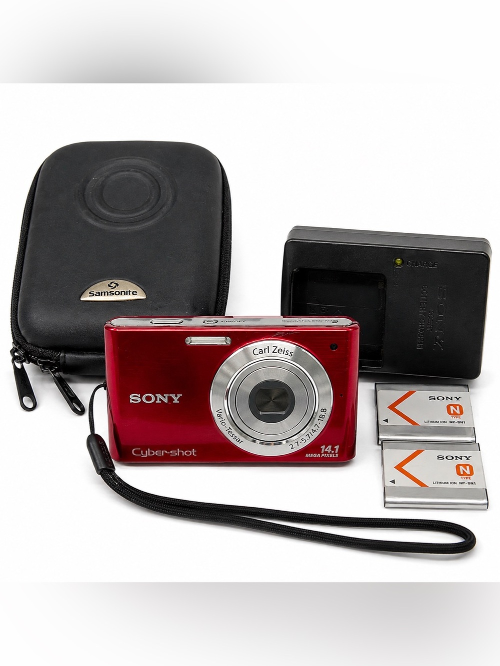 Sony Cyber-shot DSC-W330 Red 14.1MP Digital Camera Works 2 Battery Charger Case